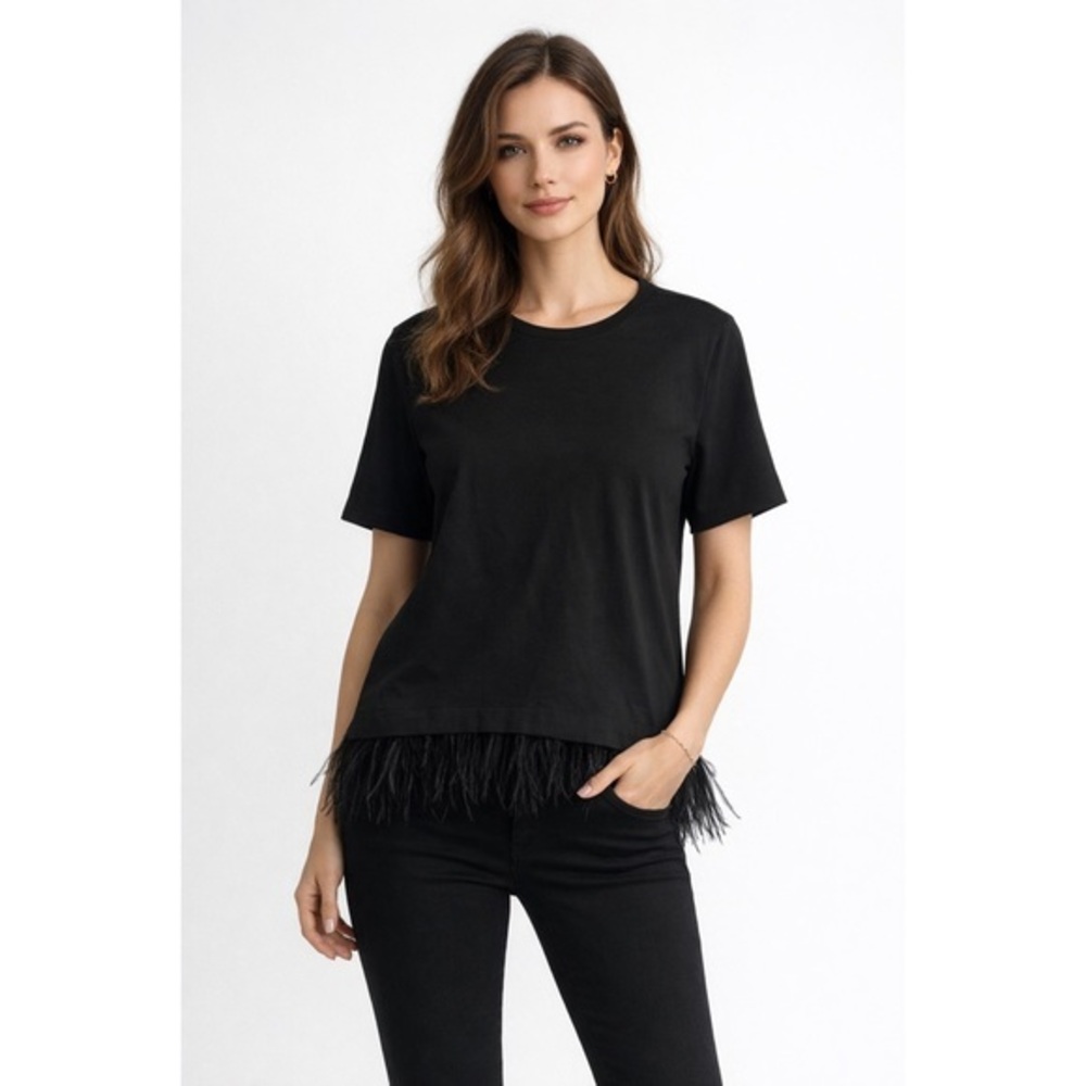 NWT Luisa Cerano Feather Hem‎ Black Short Sleeve Shirt